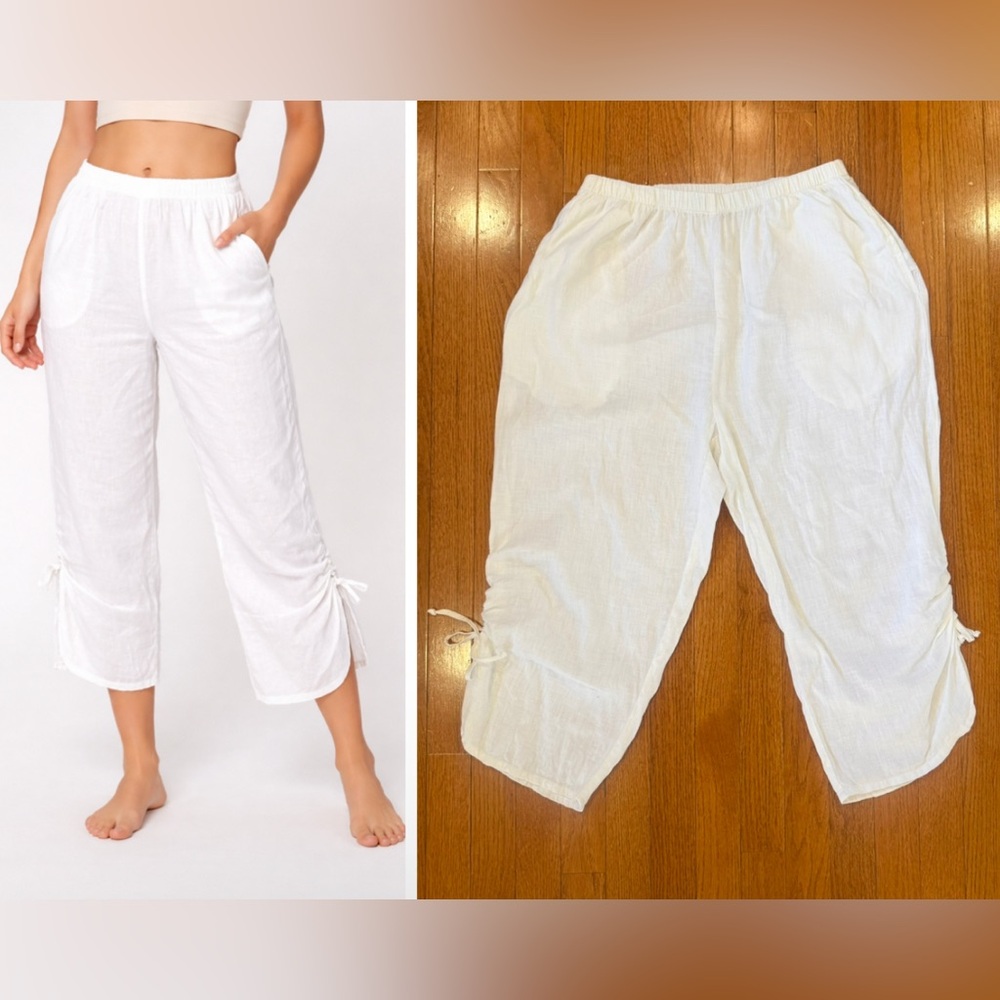 FLAX 100% Linen Cropped Pants Womens Medium White Capris Elastic Waist Pull On